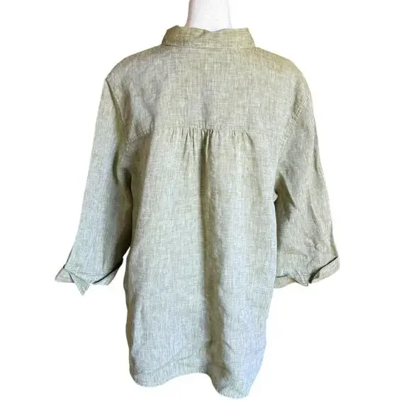 Chicos Fresh Chic Linen Shirt No Iron Women 3/XL Heathered Green Collared Button - Picture 8 of 11